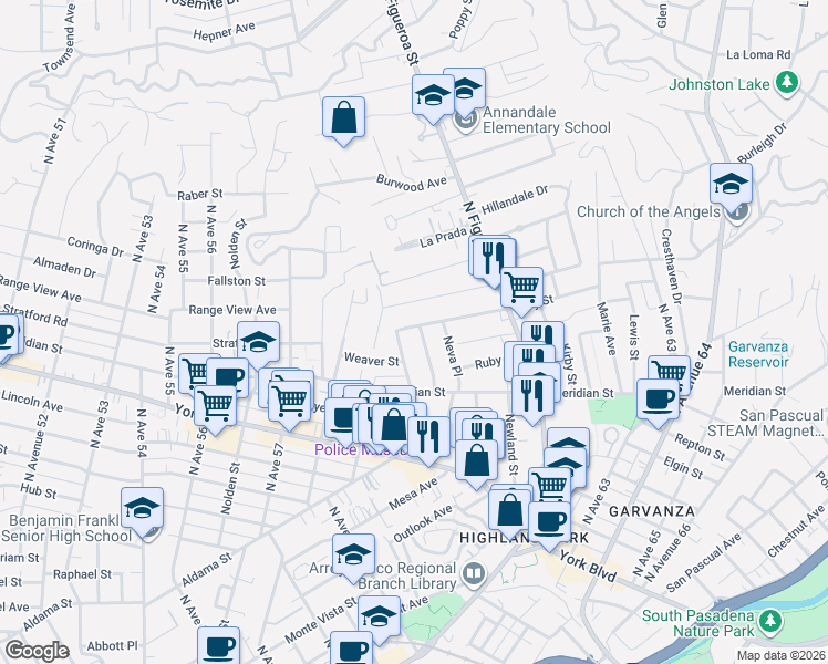 map of restaurants, bars, coffee shops, grocery stores, and more near 575 Meridian Terrace in Los Angeles