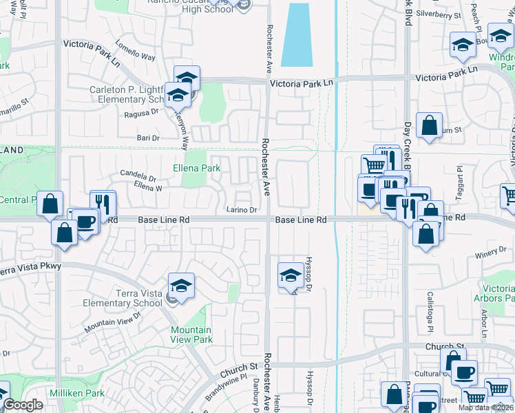 map of restaurants, bars, coffee shops, grocery stores, and more near 7264 Trivento Place in Rancho Cucamonga