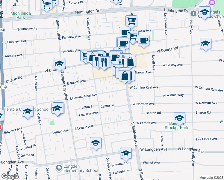 map of restaurants, bars, coffee shops, grocery stores, and more near 749 West Camino Real Avenue in Arcadia