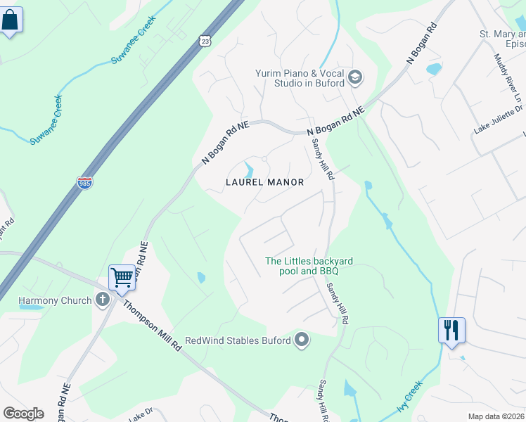 map of restaurants, bars, coffee shops, grocery stores, and more near 3329 Lily Magnolia Court in Buford