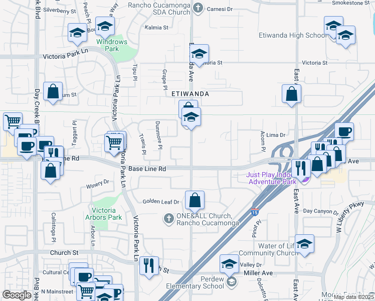 map of restaurants, bars, coffee shops, grocery stores, and more near 12875 Craig Drive in Rancho Cucamonga