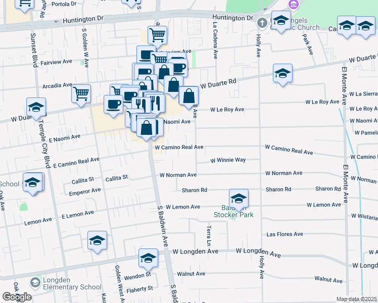 map of restaurants, bars, coffee shops, grocery stores, and more near 1511 Lovell Avenue in Arcadia