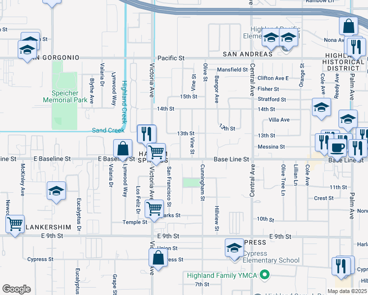 map of restaurants, bars, coffee shops, grocery stores, and more near 7255 San Francisco Street in Highland
