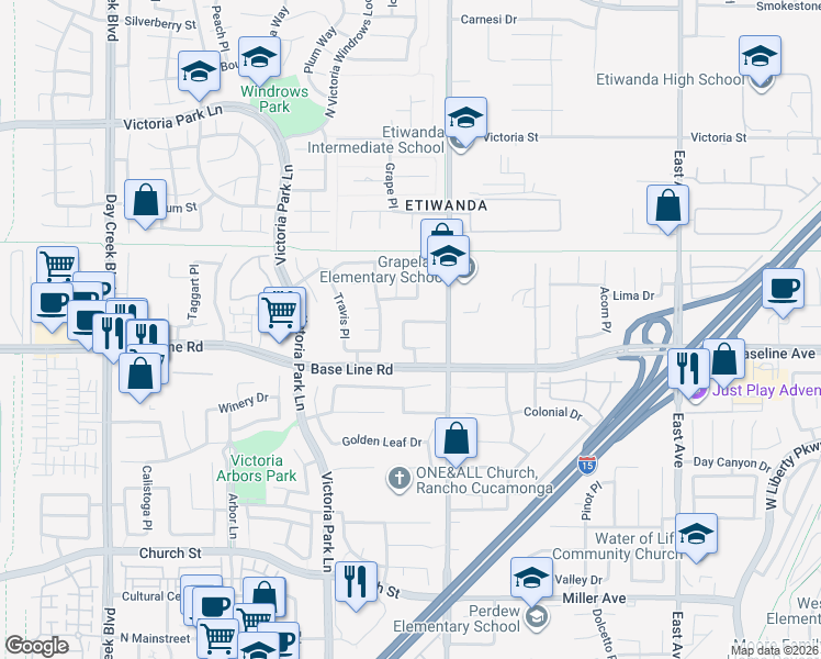 map of restaurants, bars, coffee shops, grocery stores, and more near 12835 Craig Drive in Rancho Cucamonga