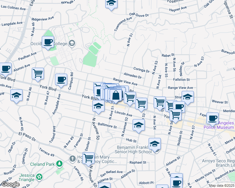 map of restaurants, bars, coffee shops, grocery stores, and more near 5101 Meridian Street in Los Angeles