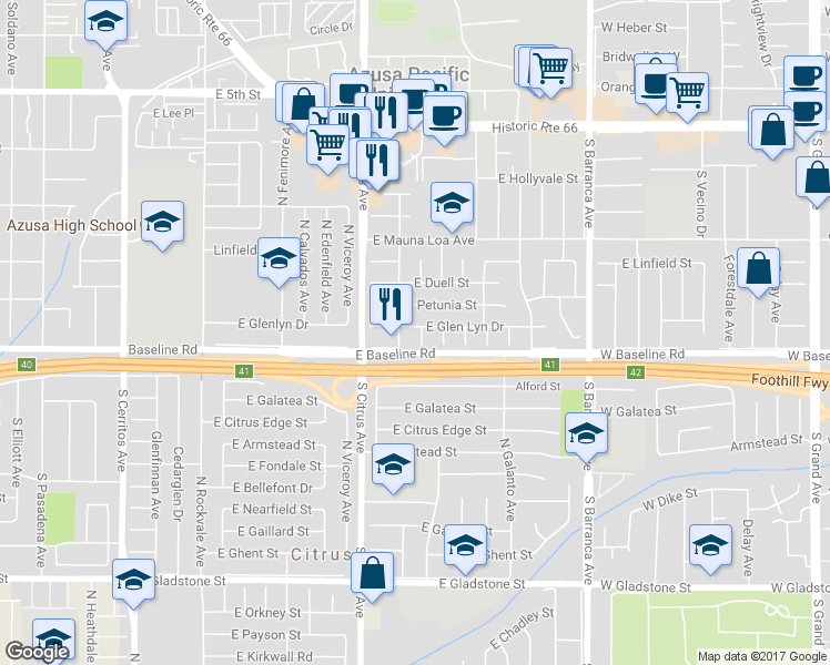map of restaurants, bars, coffee shops, grocery stores, and more near 18558 East Glenlyn Drive in Azusa