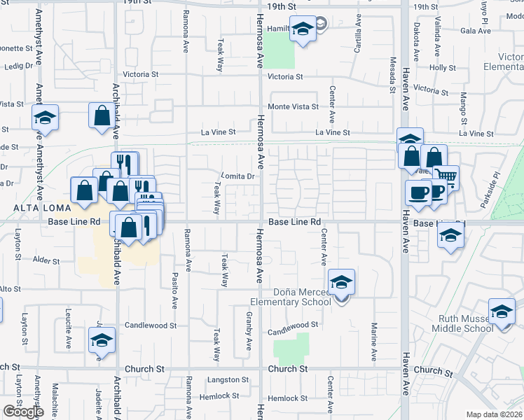 map of restaurants, bars, coffee shops, grocery stores, and more near Hermosa Avenue in Rancho Cucamonga