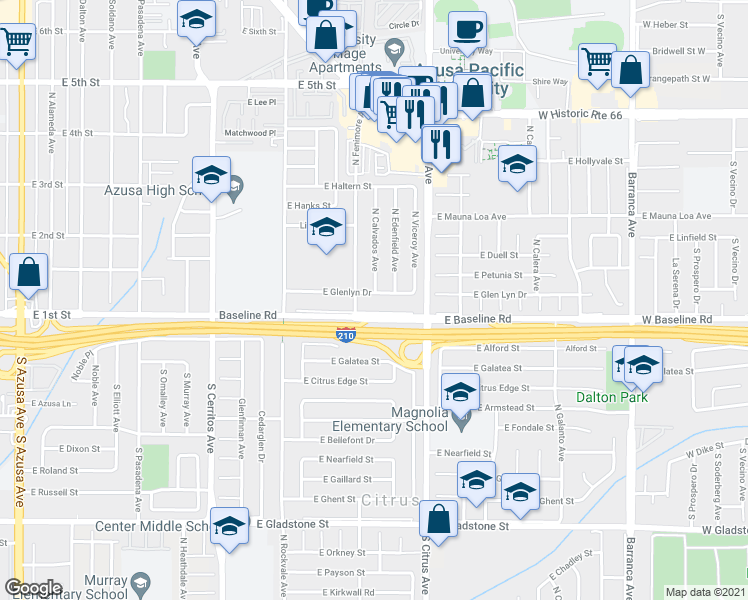 map of restaurants, bars, coffee shops, grocery stores, and more near 816 East Glenlyn Drive in Azusa