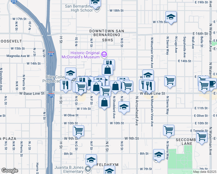 map of restaurants, bars, coffee shops, grocery stores, and more near 231 North E Street in San Bernardino