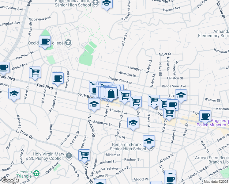 map of restaurants, bars, coffee shops, grocery stores, and more near 5111 Meridian Street in Los Angeles