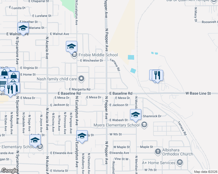 map of restaurants, bars, coffee shops, grocery stores, and more near 1240 Rosalind Avenue in Rialto