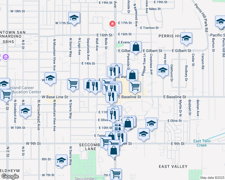 map of restaurants, bars, coffee shops, grocery stores, and more near 294 East Baseline Street in San Bernardino