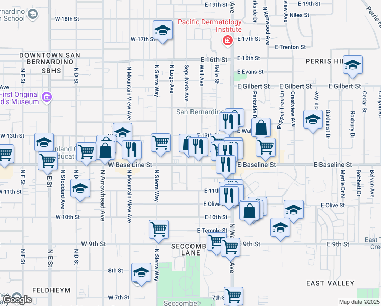 map of restaurants, bars, coffee shops, grocery stores, and more near 1227 Sepulveda Avenue in San Bernardino