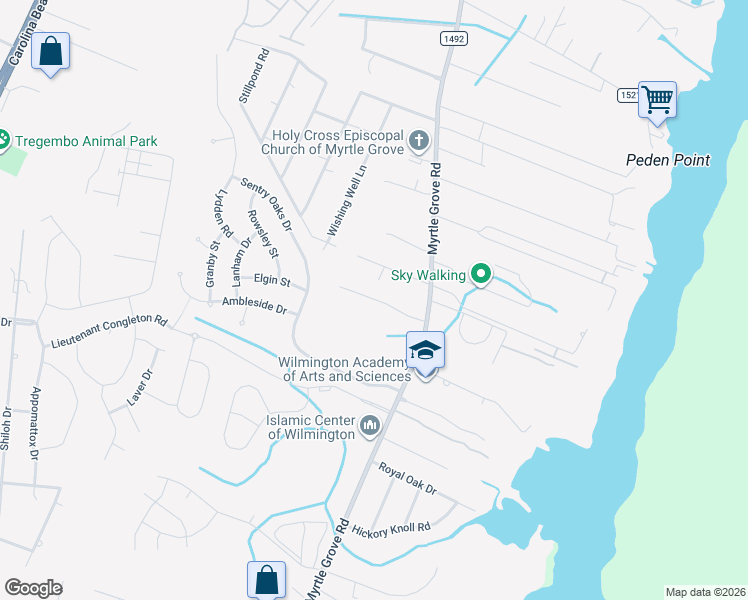 map of restaurants, bars, coffee shops, grocery stores, and more near 6110 Myrtle Grove Road in Wilmington