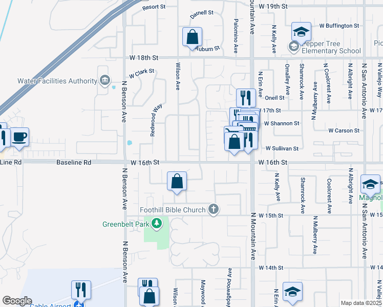map of restaurants, bars, coffee shops, grocery stores, and more near 1384 Sullivan Street in Upland