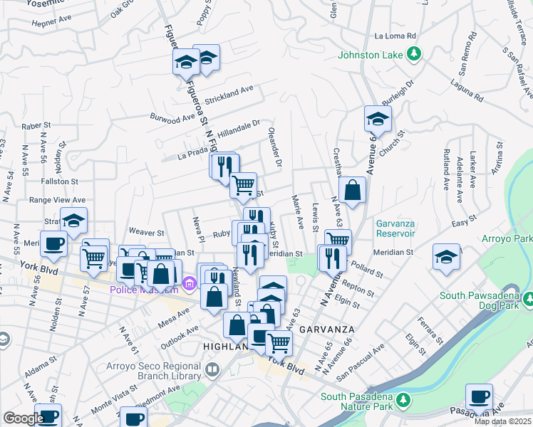 map of restaurants, bars, coffee shops, grocery stores, and more near Saylin Lane in Los Angeles