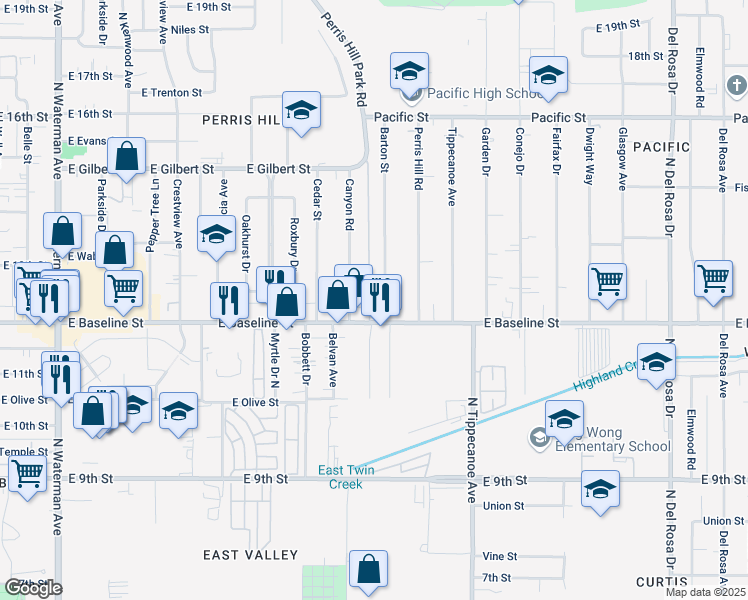 map of restaurants, bars, coffee shops, grocery stores, and more near 7252 Barton Street in San Bernardino