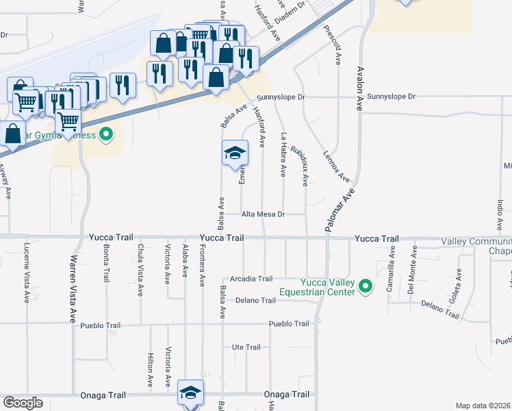 map of restaurants, bars, coffee shops, grocery stores, and more near 7220 Hanford Avenue in Yucca Valley