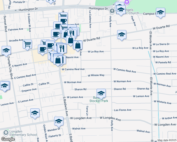 map of restaurants, bars, coffee shops, grocery stores, and more near 508 West Camino Real Avenue in Arcadia