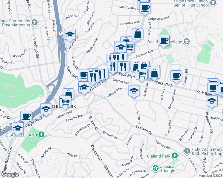 map of restaurants, bars, coffee shops, grocery stores, and more near 4343 Toland Way in Los Angeles