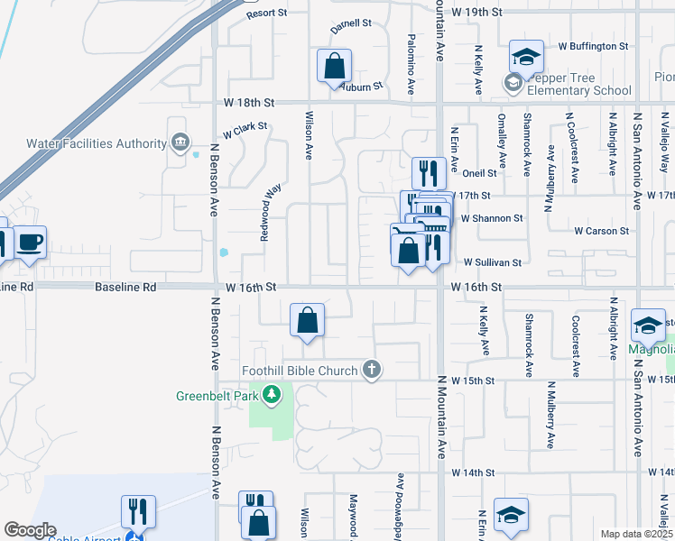 map of restaurants, bars, coffee shops, grocery stores, and more near 1384 Sullivan Street in Upland