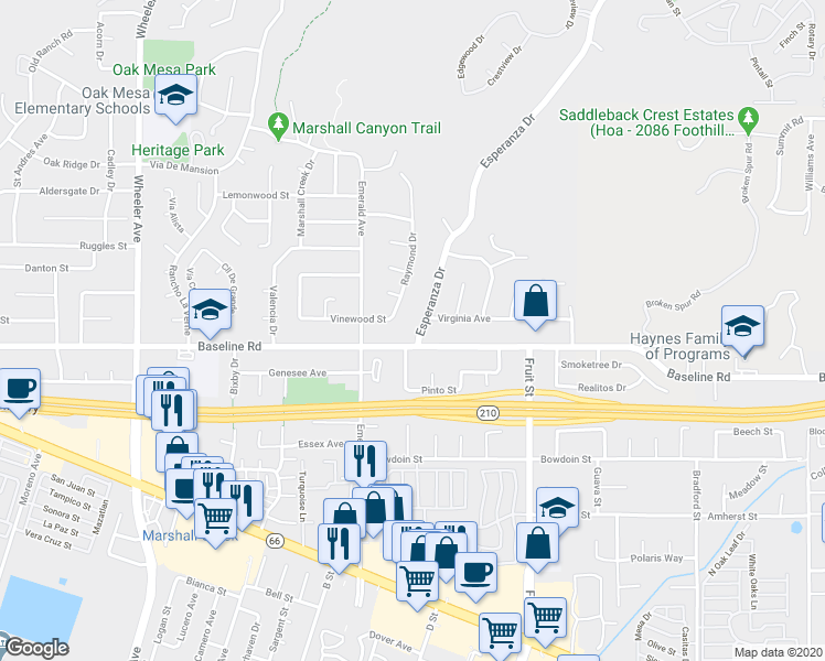 map of restaurants, bars, coffee shops, grocery stores, and more near 4621 Esperanza Drive in La Verne