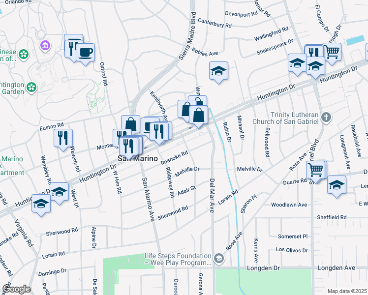 map of restaurants, bars, coffee shops, grocery stores, and more near 2385 Roanoke Road in San Marino