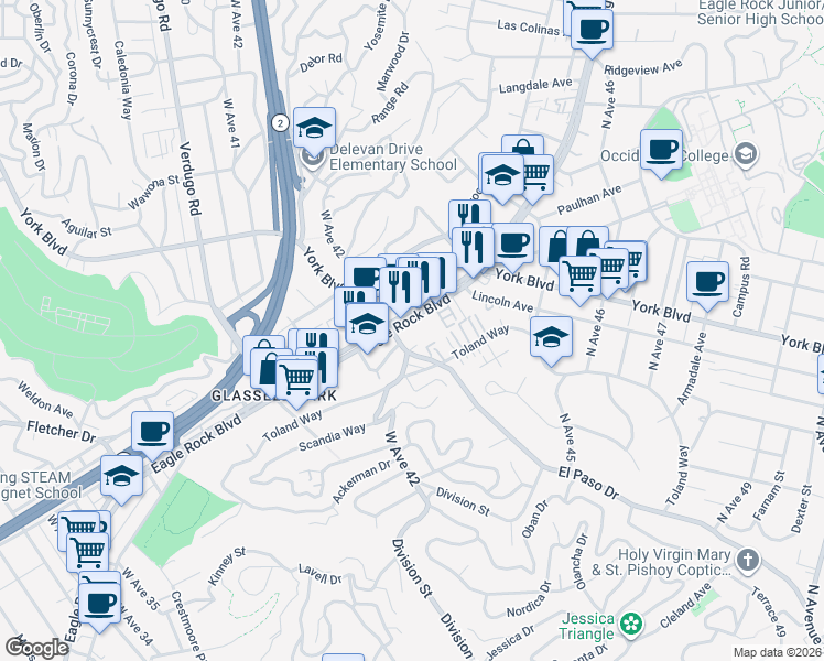 map of restaurants, bars, coffee shops, grocery stores, and more near 4236 Eagle Rock Boulevard in Los Angeles