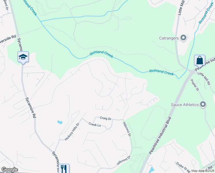 map of restaurants, bars, coffee shops, grocery stores, and more near 1479 Willow Grove Road in Sugar Hill