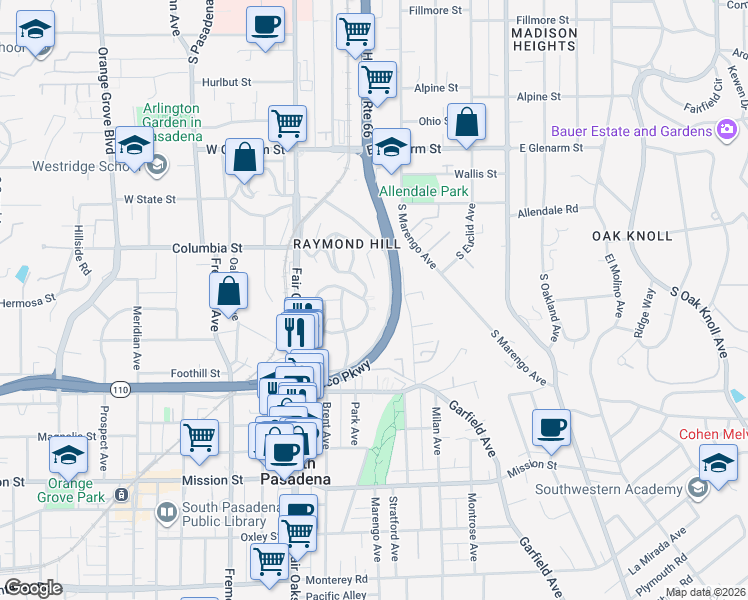 map of restaurants, bars, coffee shops, grocery stores, and more near 310 Mockingbird Lane in South Pasadena