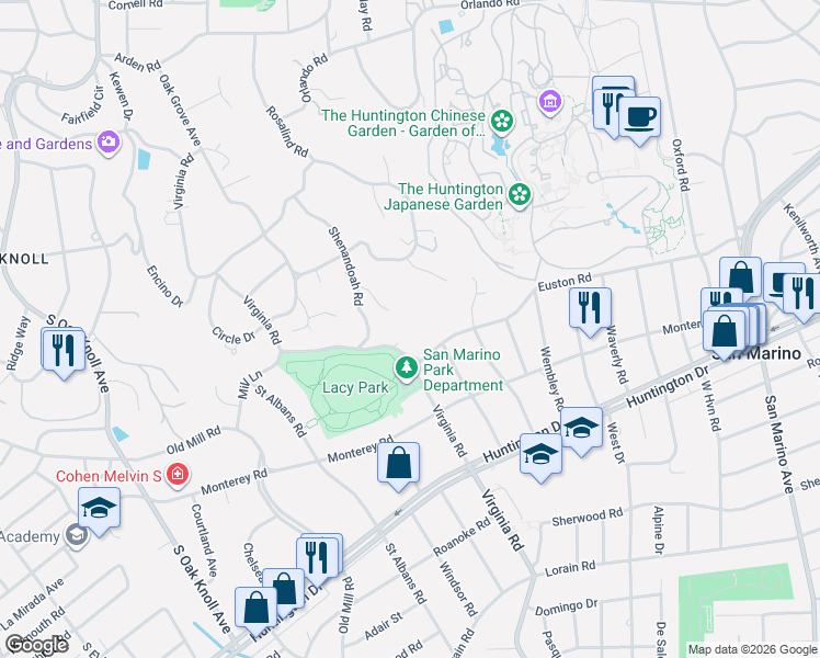map of restaurants, bars, coffee shops, grocery stores, and more near 1480 Virginia Road in San Marino