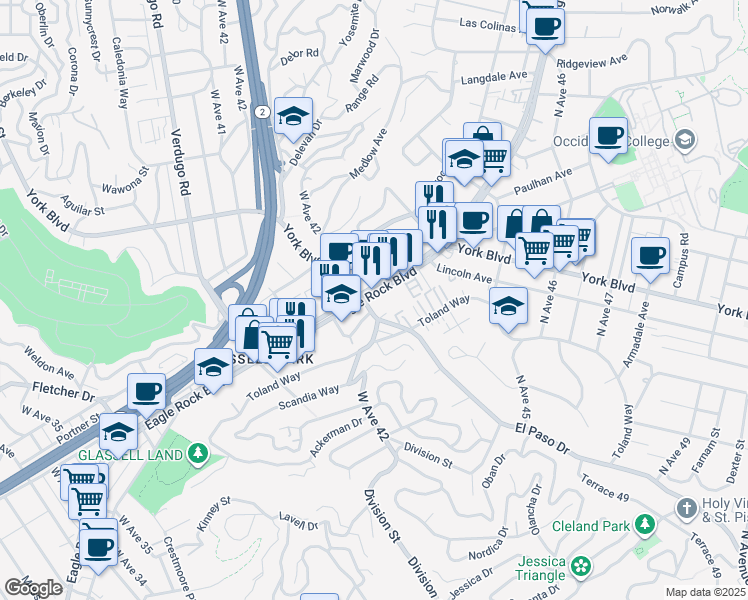 map of restaurants, bars, coffee shops, grocery stores, and more near 4236 Eagle Rock Boulevard in Los Angeles