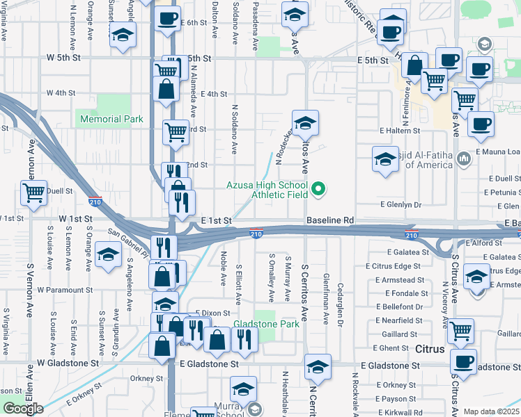 map of restaurants, bars, coffee shops, grocery stores, and more near 529 East 1st Street in Azusa