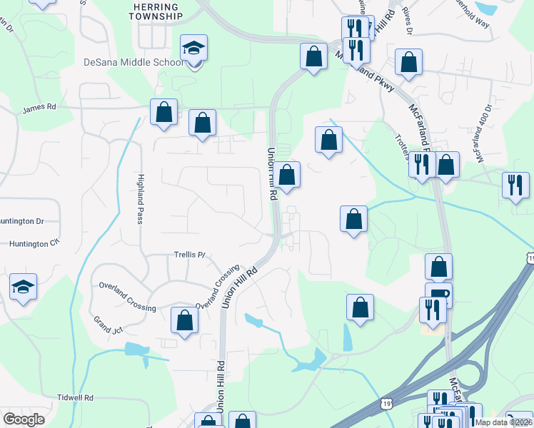 map of restaurants, bars, coffee shops, grocery stores, and more near 1330 Waverly Glen Drive in Alpharetta