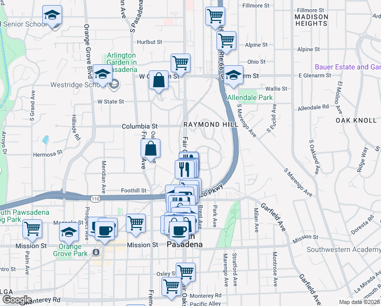 map of restaurants, bars, coffee shops, grocery stores, and more near 1653 Amberwood Drive in South Pasadena