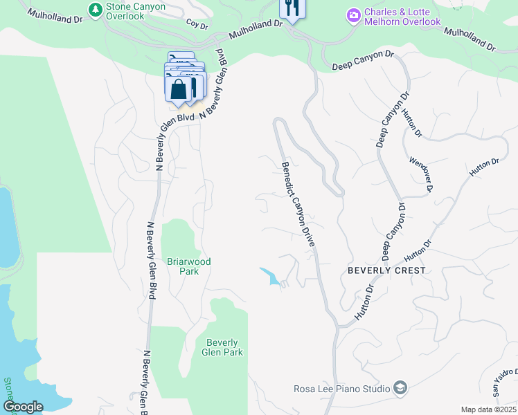 map of restaurants, bars, coffee shops, grocery stores, and more near 2707 Benedict Canyon Drive in Beverly Hills