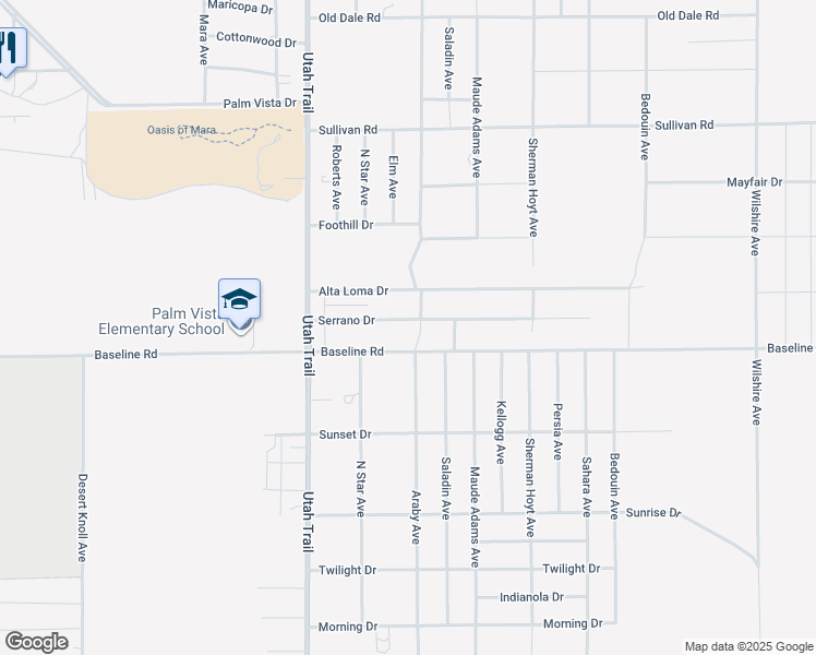 map of restaurants, bars, coffee shops, grocery stores, and more near 74677 Serrano Drive in Twentynine Palms
