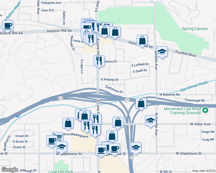map of restaurants, bars, coffee shops, grocery stores, and more near 1951 Cobblefield Way in Glendora