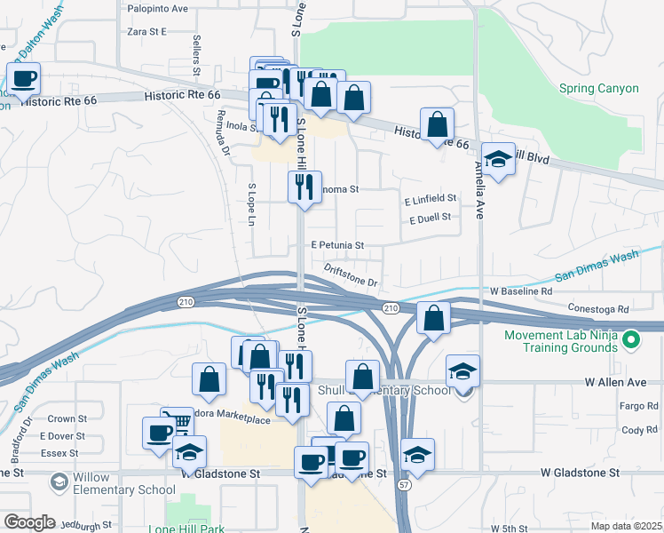 map of restaurants, bars, coffee shops, grocery stores, and more near 1951 Cobblefield Way in Glendora