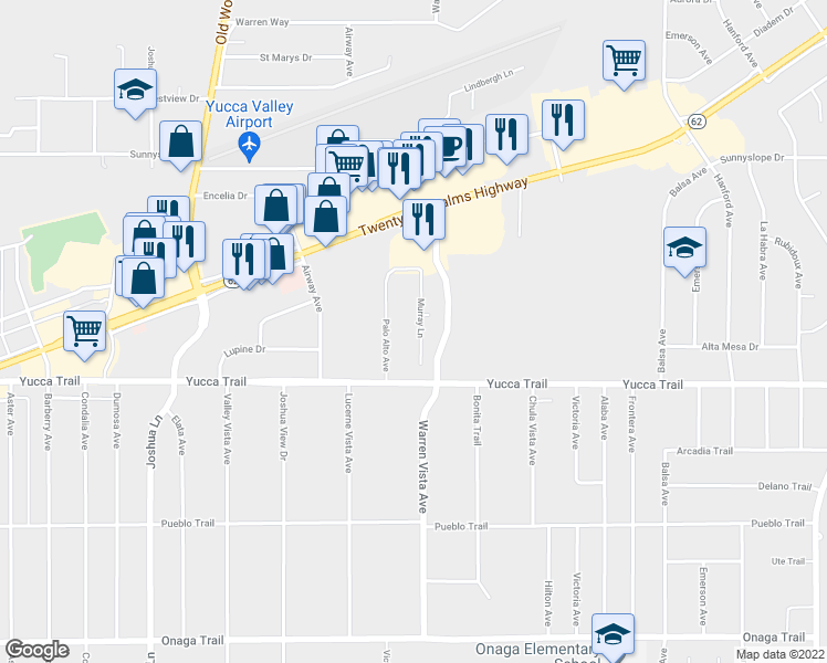 map of restaurants, bars, coffee shops, grocery stores, and more near 7216 Murray Lane in Yucca Valley