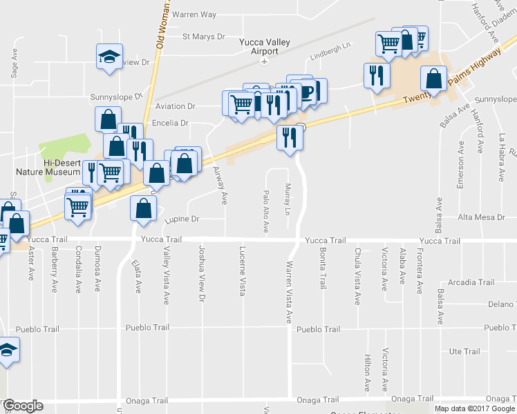 map of restaurants, bars, coffee shops, grocery stores, and more near 7222 Palo Alto Avenue in Yucca Valley