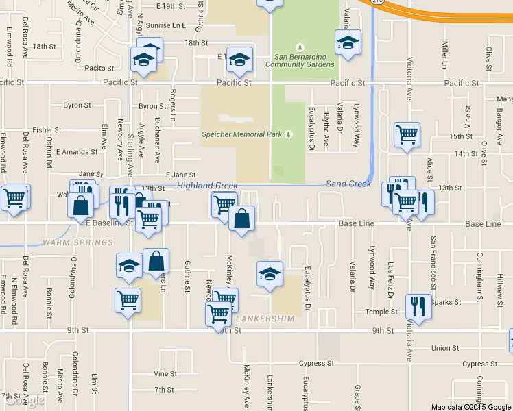 map of restaurants, bars, coffee shops, grocery stores, and more near 26038 East Baseline Street in San Bernardino