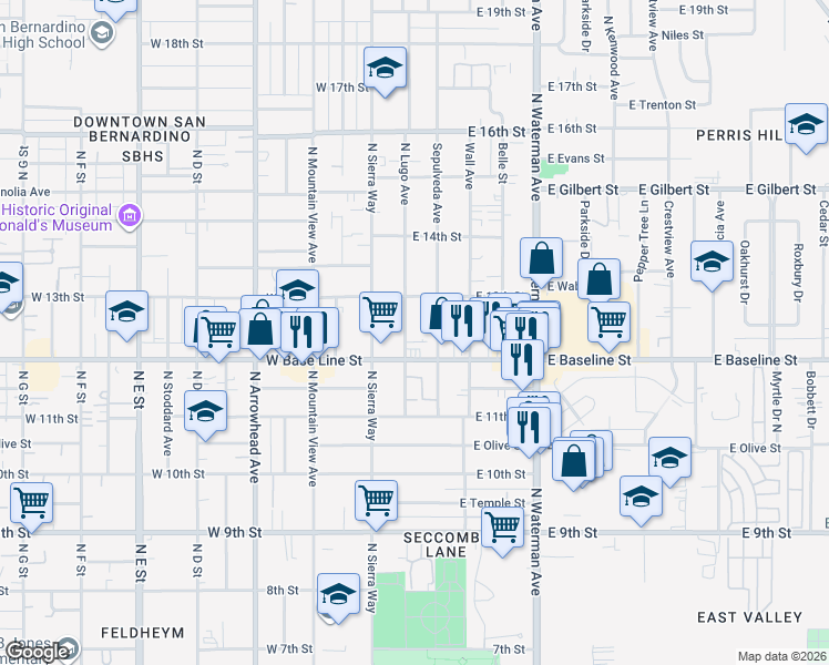 map of restaurants, bars, coffee shops, grocery stores, and more near in San Bernardino