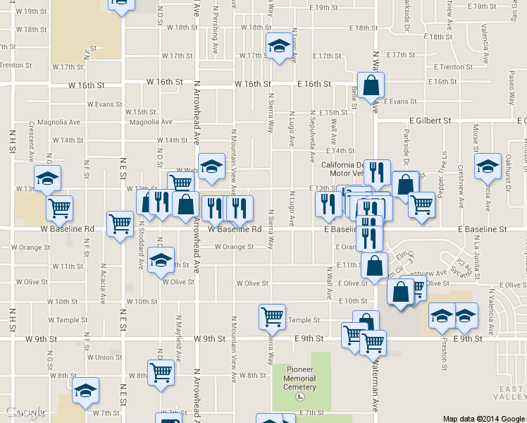 map of restaurants, bars, coffee shops, grocery stores, and more near 1219 North Sierra Way in San Bernardino