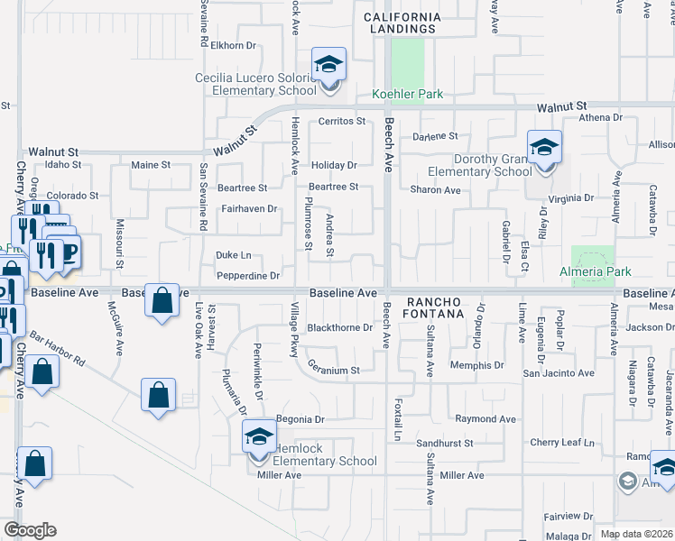 map of restaurants, bars, coffee shops, grocery stores, and more near 7254 Andrea Street in Fontana