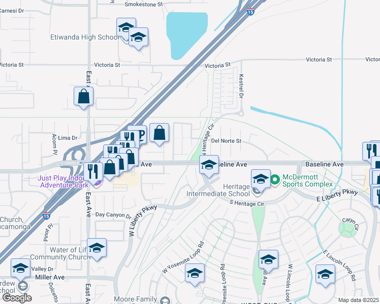 map of restaurants, bars, coffee shops, grocery stores, and more near 13772 Sharon Court in Fontana