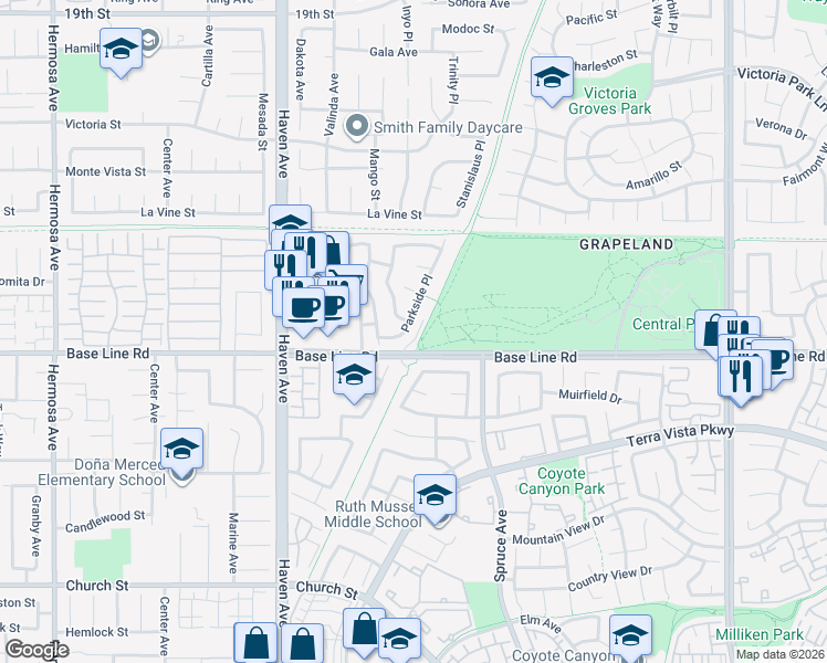 map of restaurants, bars, coffee shops, grocery stores, and more near 7287 Parkside Place in Rancho Cucamonga