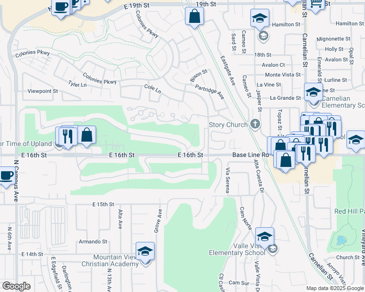 map of restaurants, bars, coffee shops, grocery stores, and more near 1570 Upland Hills Drive North in Upland