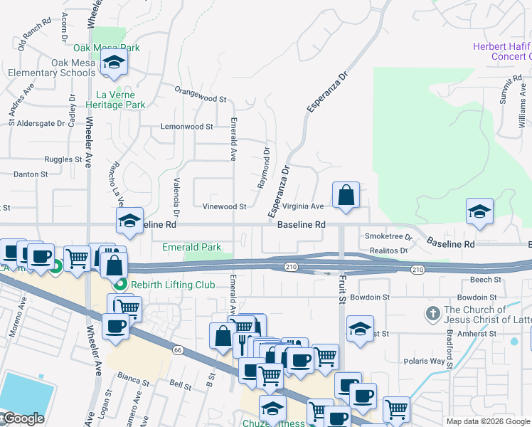 map of restaurants, bars, coffee shops, grocery stores, and more near 4621 Esperanza Drive in La Verne