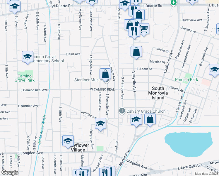 map of restaurants, bars, coffee shops, grocery stores, and more near 2402 Rochelle Avenue in Monrovia